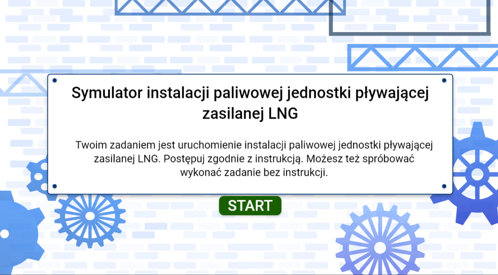 Grafika przedstawia przykładowy ekran startowy symulatora. Widnieje na nim plansza zawierająca tytuł i polecenie. Pod nią znajduje się przycisk START.
