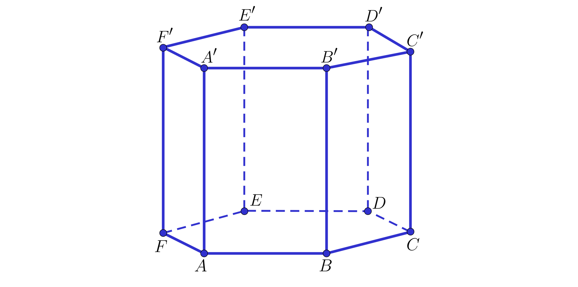 Ilustracja przedstawia graniastosłup sześciokątny prawidłowy, w którym wierzchołki dolnej podstawy opisano: A, B, C, D, E, F , natomiast wierzchołki górnej podstawy opisano A', B', C', D', E', F'.	