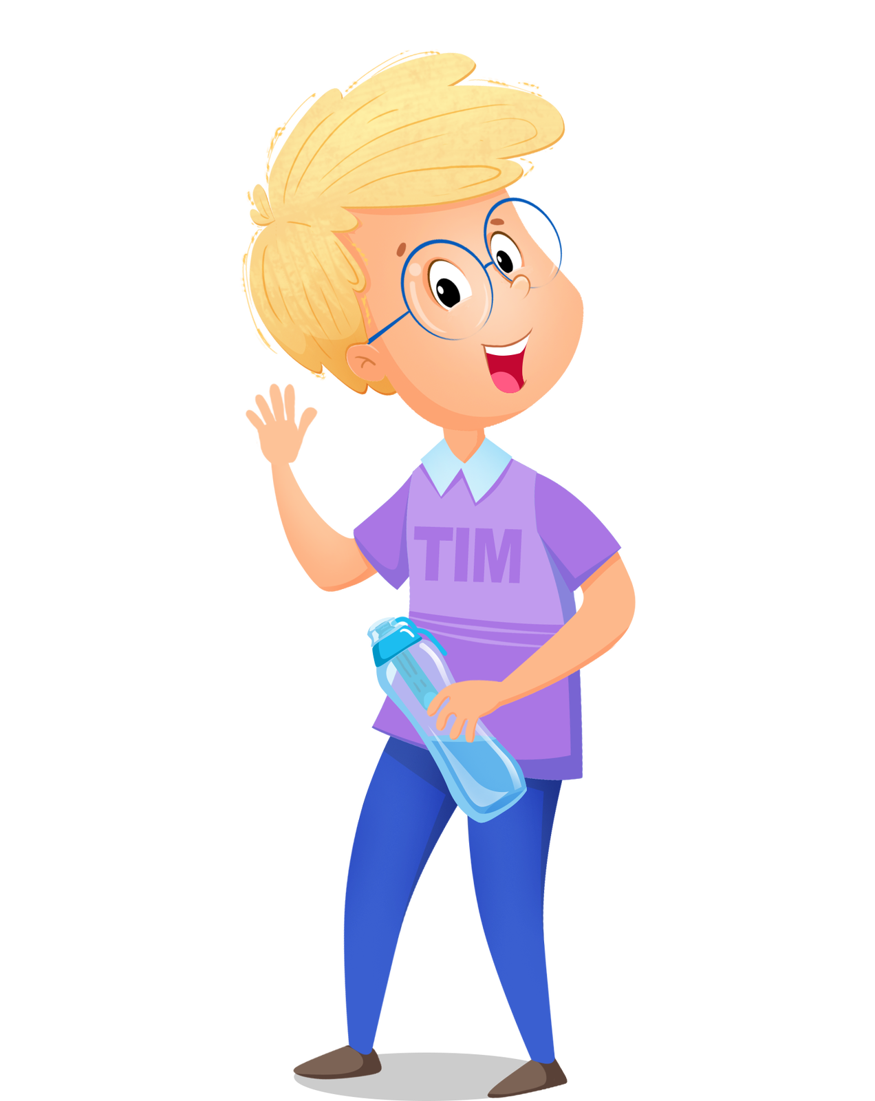 Ilustracja przedstawia jasnowłosego chłopca w okularach. To Tim.