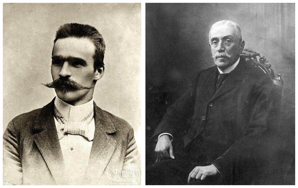 Ilustracja przedstawia dwie fotografie mężczyzn. Po lewej stronie młody mężczyzna z krótkimi sterczącymi do góry włosami o pociągłej twarzy, z krzaczastymi, ciemnymi brwiami, długimi lekko wywiniętymi do góry wąsami. Ubrany w marynarkę, białą koszulę ze stójką i ozdobą pod szyją przypominającą muszkę. Po prawej stronie starszy mężczyzna o przyjaznej, zmęczonej twarzy z siwymi włosami i wąsami. Ubrany w elegancką marynarkę, białą koszulę i krawat.  Mężczyzna siedzi na krześle.