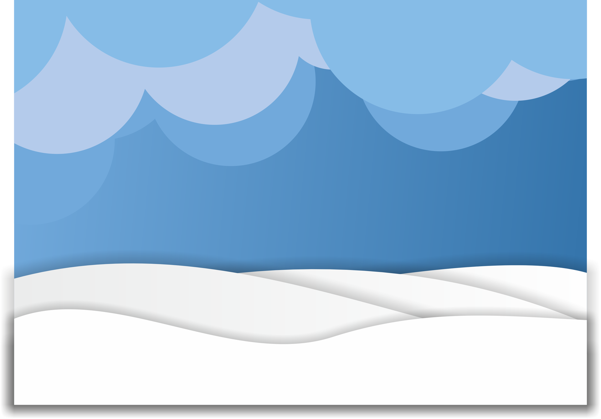 Obraz przedstawia gradient z koloru jasnoniebieskiego do lekko ciemniejszego niebieskiego odcieniu. Na górnej krawędzi rozmieszczono różne okręgi, które poprzez nakładanie się na siebie i różne kolory dla każdej warstwy tworzą chmury, których kolory to różne odcienie niebieskiego, od ciemniejszego, do jaśniejszego. U dołu obrazu umieszczono lekko wzgórza śnieżne: posiadają one w różny sposób powyginaną linię, która rozciąga się od lewej do prawej strony obrazu. Wypełniono przestrzeń pod nią kolorem jasnoszarym, w ten sposób utworzono ośnieżone zbocze. Poprzez nałożenie na siebie warstwowo wielu takich zboczy utworzono tło.