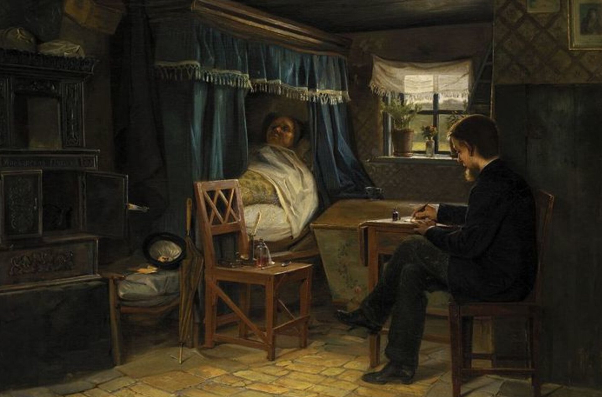 Obraz przedstawiający doktora na wizycie domowej u chorego.