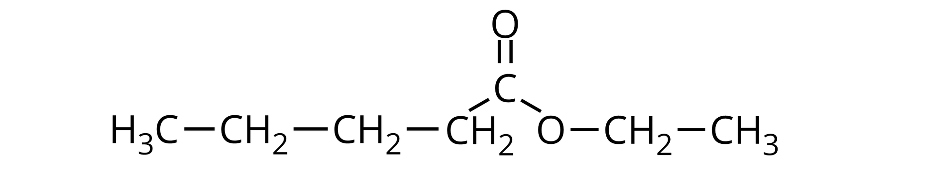 Ilustracja przedstawiająca wzór pentanianu etylu zbudowanego z grupy CH3 związanej z trzema kolejno połączonymi ze sobą grupami CH2, z których ostatnia związana jest z atomem węgla połączonym za pomocą wiązania podwójnego z atomem tlenu oraz za pomocą wiązania pojedynczego z drugim atomem tlenu podstawiony grupą CH2 związaną z grupą metylową