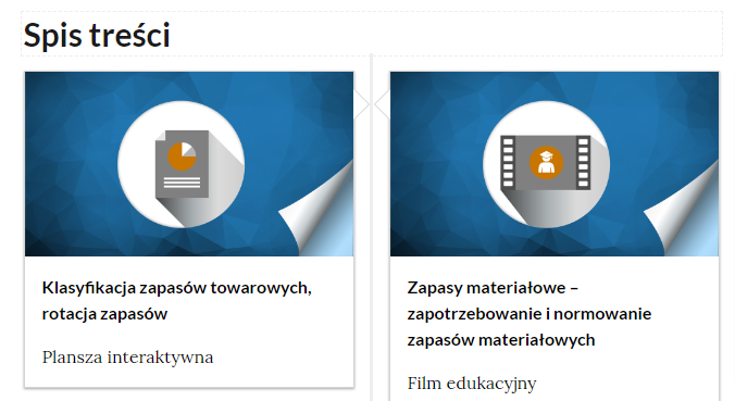 Grafika przedstawia fragment spisu treści. Znajdują się na niej dwa niebieskie prostokąty. Pośrodku lewego prostokąta w białym kole znajduje się szary prostokąt z wykresem kołowym i trzema białymi liniami poniżej. Poniżej prostokąta napis: "Klasyfikacja zapasów towarowych, rotacja zapasów. Plansza interaktywna". Pośrodku prawego prostokąta w białym kole znajduje się szara klatka filmowa z pomarańczowym kołem, w którym znajduje się biała postać. Poniżej napis: "Zapasy materiałowe - zapotrzebowanie i normowanie zapasów materiałowych. Film edukacyjny".