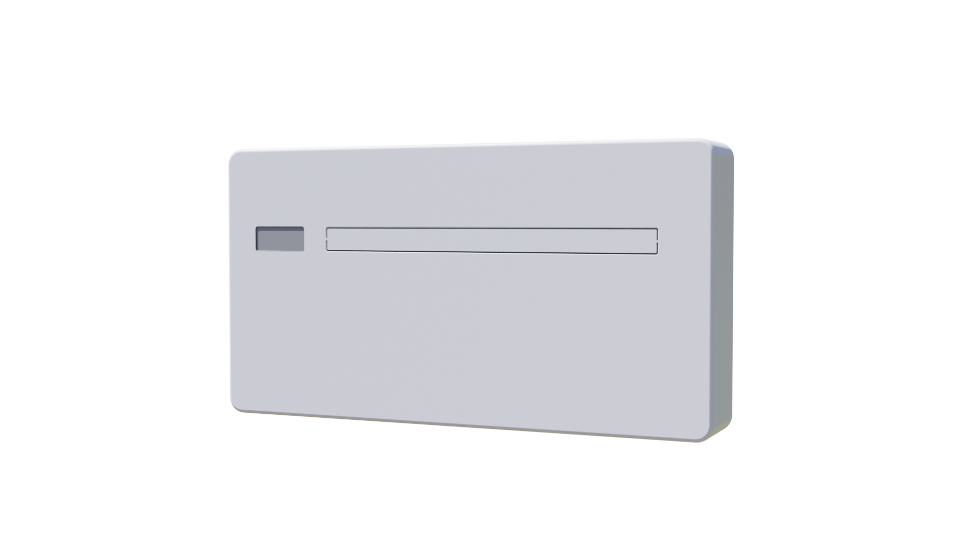 Grafika przedstawia model klimatyzatora typu kompakt monoblock. Jego obudowa ma płaski kształt prostopadłościanu, co nadaje mu nowoczesny wygląd. Na przedniej części klimatyzatora wyraźnie widoczny jest wyświetlacz ekranu.