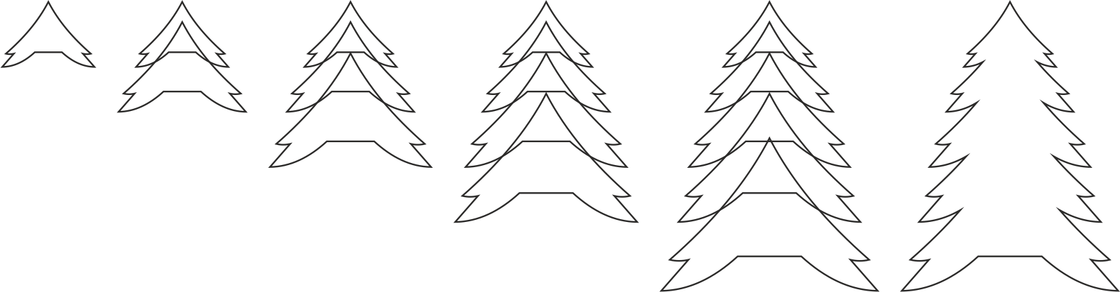 Ilustracja grafiki wektorowej przedstawia budowę drzewa iglastego. Od lewej do prawej narastająco przedstawiono budowę: wcześniej opisywany kształt, który przypomina trójkąt równoramienny, postawiono pierw osobny, następnie jeden na drugim, gdzie każdy jest nieznacznie powiększony, większe elementy stawiane sa na dole. W ten sposób ustawiono 4 kolumny stawianych i lekko powiększonych trójkąto‑podobnych kształtów. Na samym końcu, po prawej stronie usunięto wszystkie linie wewnątrz powstałej kolumny, tym samym utworzono obrys drzewka iglastego, rosnącego od góry do dołu w rozmiarze.