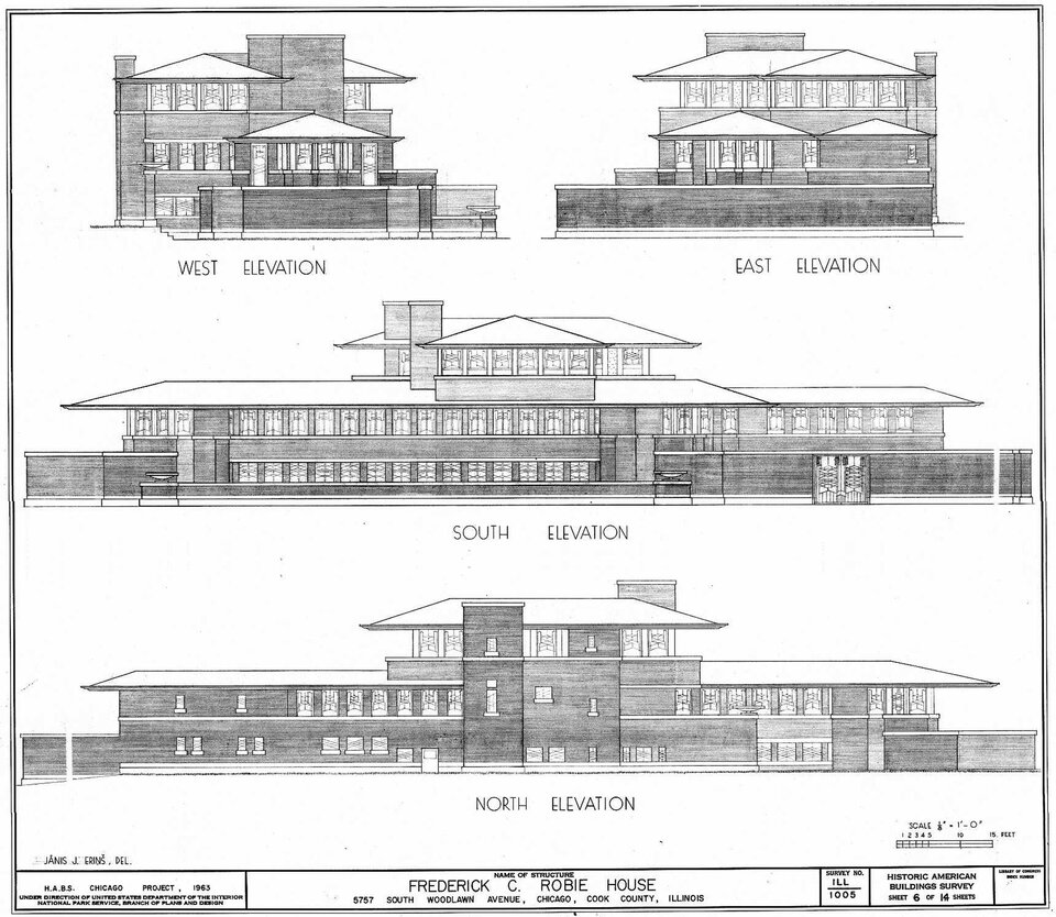 Ilustracja o kształcie kwadratu przedstawia przekroje budynku Robbie Hause autorstwa Franka Lloyda Wrighta. Trzy schematy ułożone jeden pod drugim są rysunkami przekrojów budowli wykonanych z różnych stron. W pierwszym rzędzie ukazane są ujęcia od stron bocznych, drugi rysunek ukazuje front budowli, a trzeci prezentuje budynek od strony tylnej.