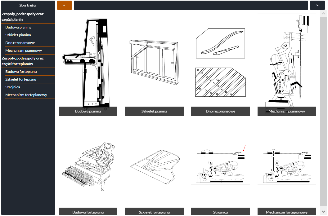 Grafika przedstawia widok początkowy atlasu interaktywnego zatytułowanego Zespoły, podzespoły oraz części fortepianów i pianin.