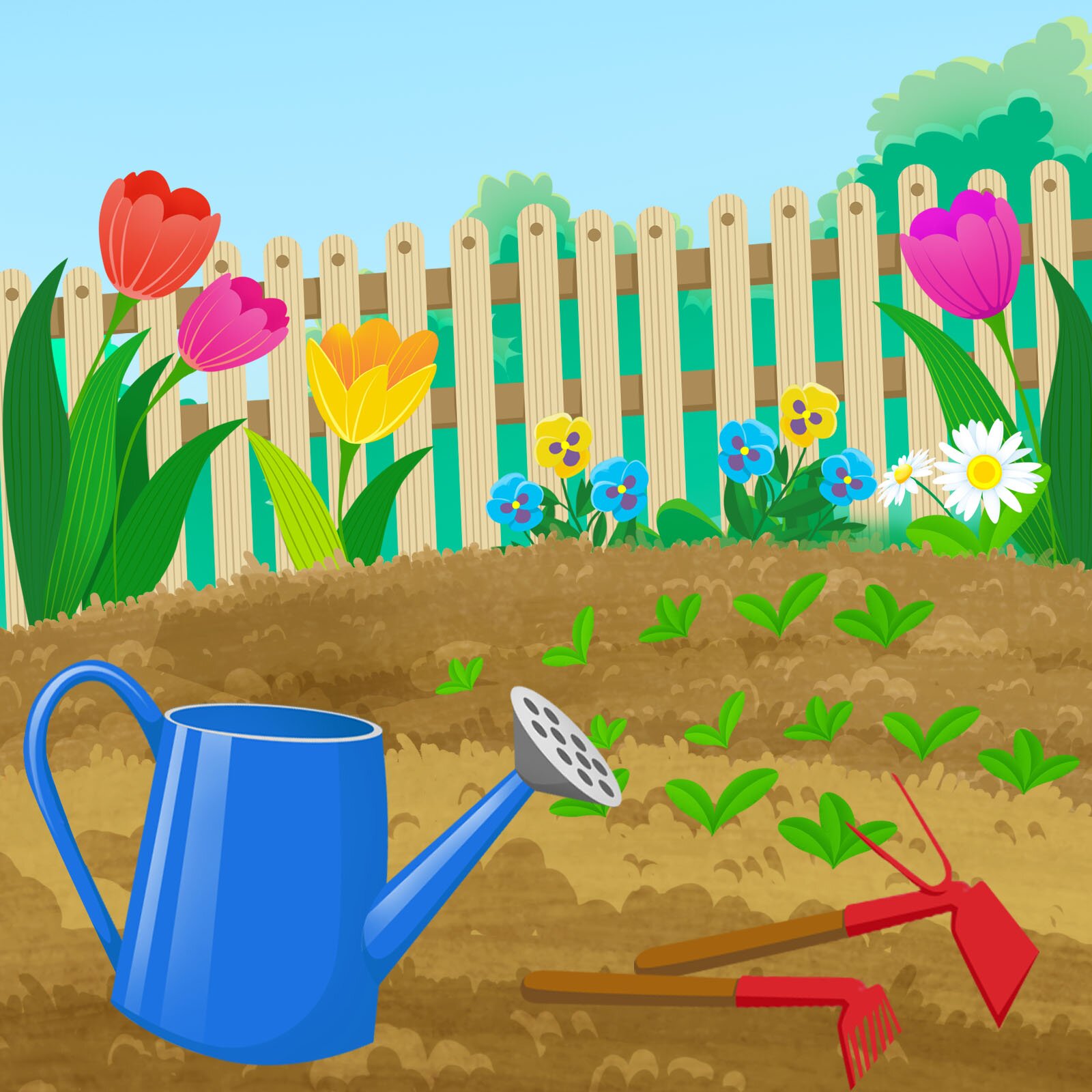 Ilustracja przedstawia ogrodzony drewnianym płotkiem ogródek, w którym rosną kolorowe kwiaty. Są w nim narzędzia ogrodnicze, konewka, łopatka i grabki.