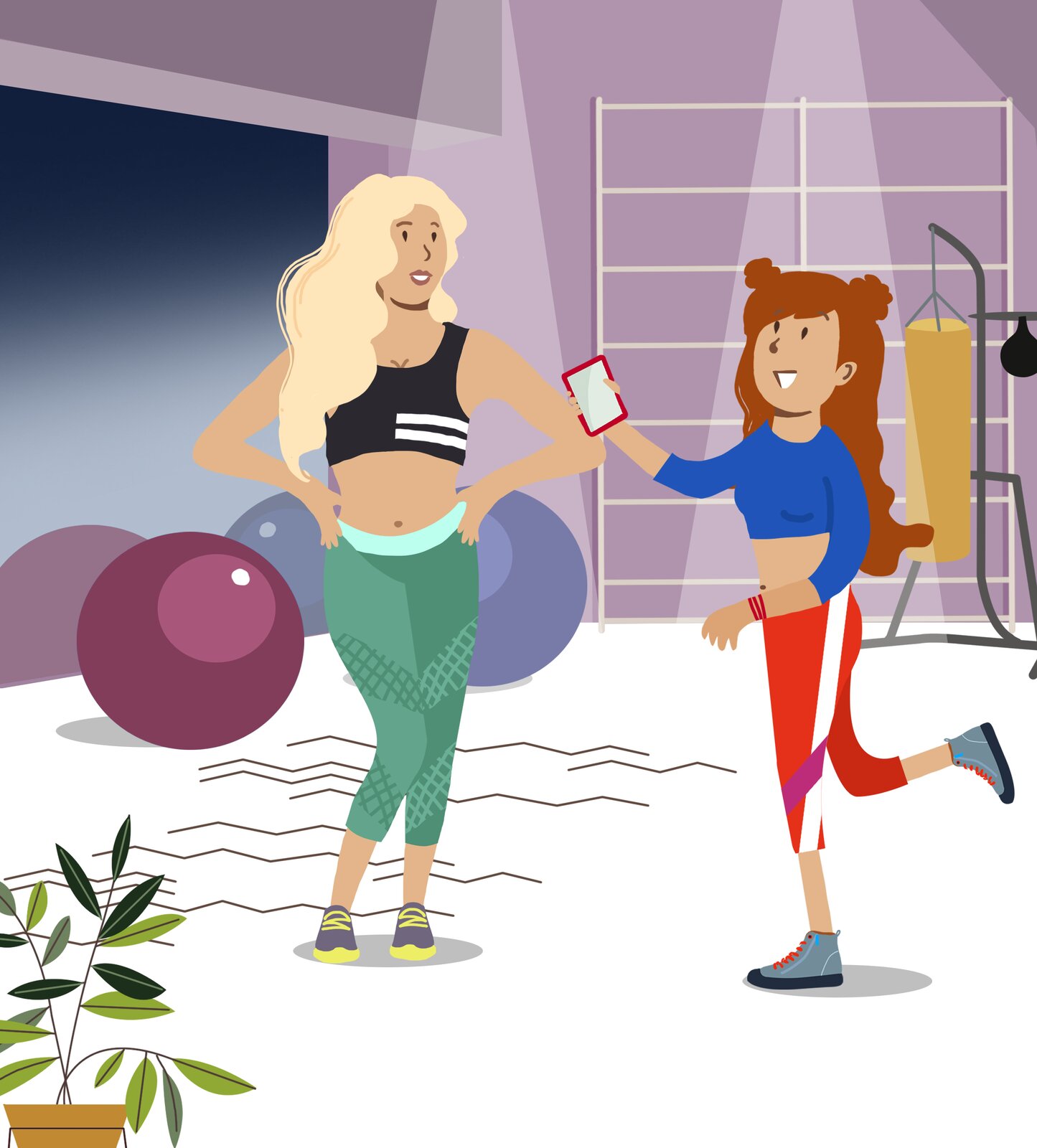 Ilustracja przedstawia studio fitness, w którym znajdują się ubrane w sportowe stroje dwie kobiety. Jedna z nich jest trenerką fitness, a druga to osoba przeprowadzająca wywiad. W tle widać sprzęty treningowe. 