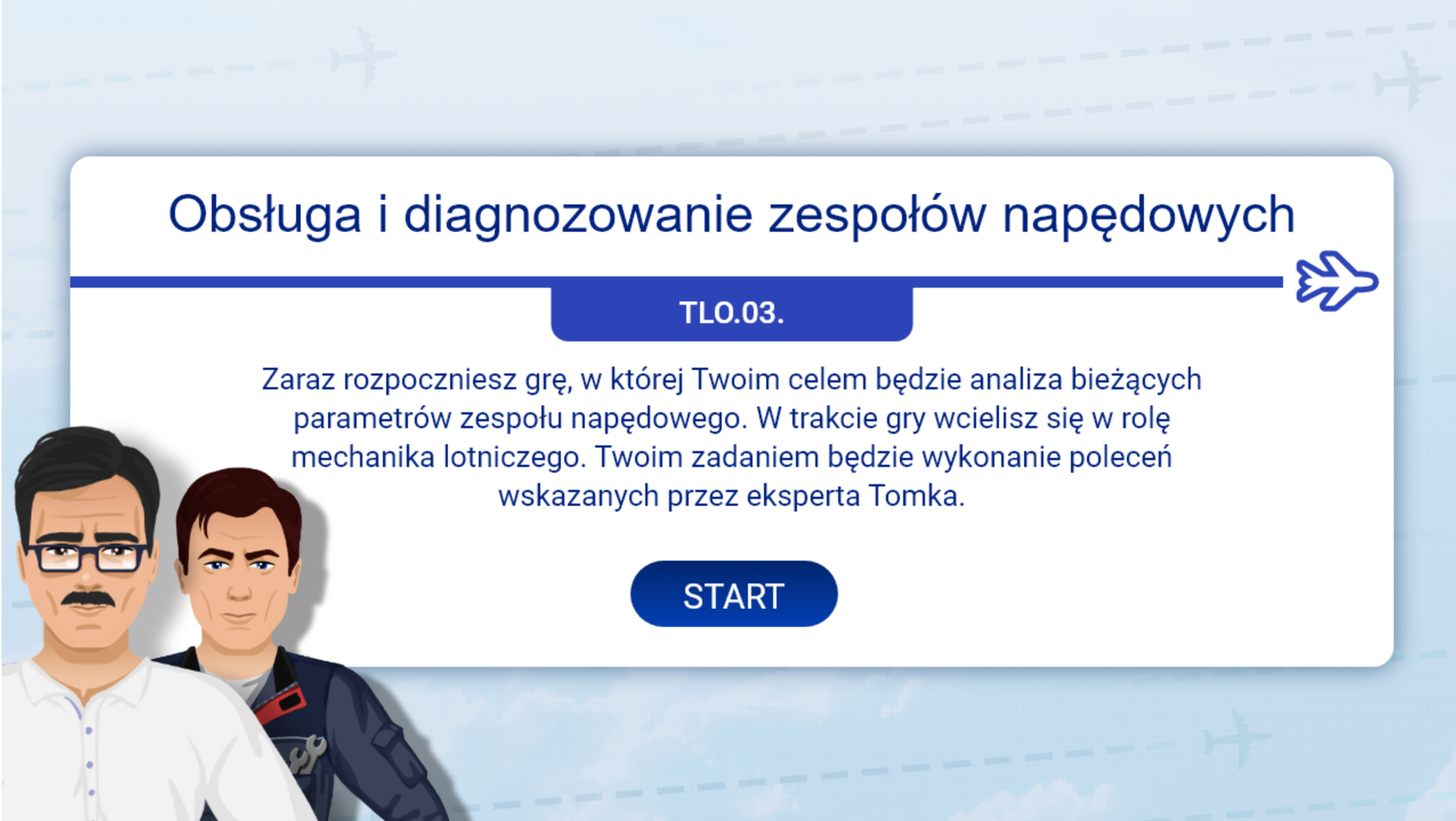 Grafika przedstawia ekran startowy gry typu scenario‑based learning. Na środku znajduje się temat gry, kod kwalifikacji, krótki tekst wprowadzający oraz przycisk start. Dodatkowo w lewym dolnym rogu są przedstawione dwie postaci mężczyzn występujące w grze.
