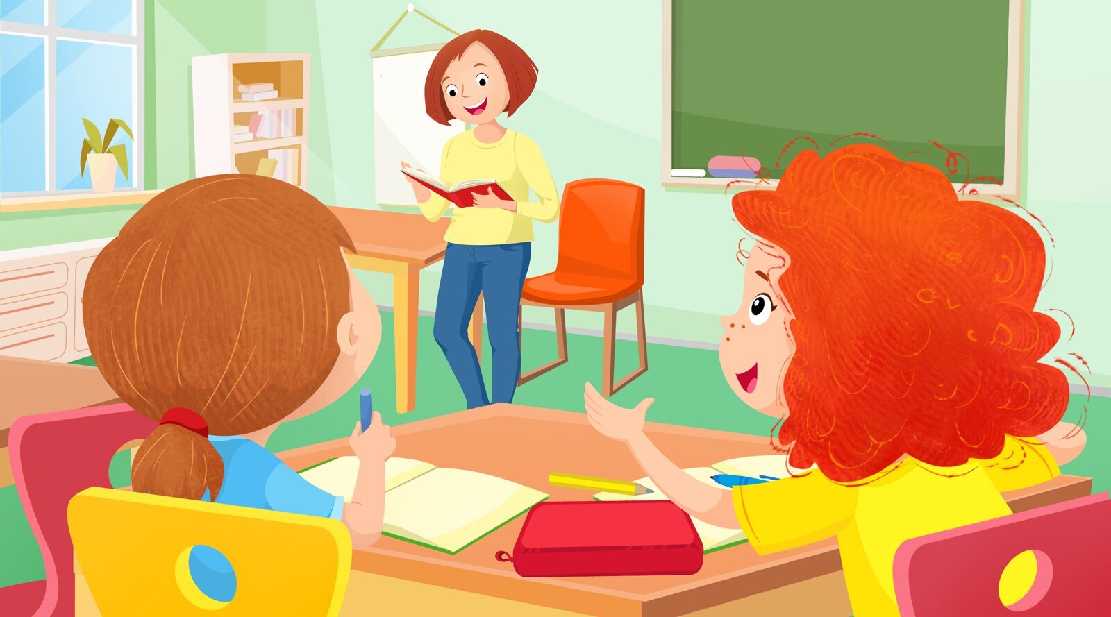 Ilustracja przedstawia Linę i jej koleżankę, które siedzą w szkolnej ławce. Obie patrzą na nauczycielkę stojącą przy biurku. 