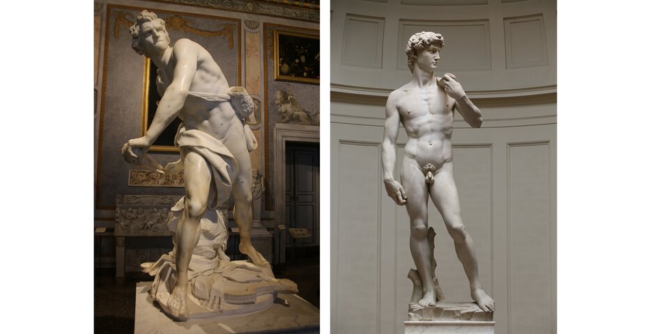 Zdjęcie przedstawia dwie rzeźby. Po lewej stronie znajduje się rzeźba stojącego, młodego mężczyzny. Jest on ukazany w dynamicznej pozie. Opiera ciężar ciała na prawej stopie wysuniętej do przodu. Jest lekko odwrócony w lewą stronę, jakby zamierzał coś rzucić. Mężczyzna jest atletycznie zbudowany, częściowo nagi. Jego biodra przesłania płachta materiału.  Po prawej stronie znajduje się także rzeźba młodego, atletycznie zbudowanego, nagiego mężczyzny. Stoi on wyprostowany, opierając ciężar ciała na prawej nodze. Mężczyzna spogląda w lewą stronę. Lewą rękę trzyma przy lewym ramieniu. Prawą rękę ma opuszczoną.