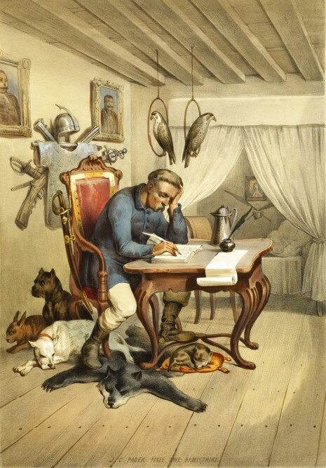 Obraz przedstawia mężczyznę w średnim wieku, siedzącego przy stole. Mężczyzna trzyma w prawej ręce białe pióro i zapisuje coś w zeszycie. Na biurku stoi kałamarz z atramentem oraz  dzbanek. Na oparciu krzesła, na którym siedzi mężczyzna widoczna jest szabla. Pod biurkiem, na drewnianej podłodze leży skóra z wilka. Obok leżą dwa psy i kot. Na ścianie wiszą dwa portrety mężczyzn, oraz elementy zbroi. Oprócz hełmu widoczne są liczne szable. W tle, za białymi kotarami widoczne jest łóżko z pościelą. Nad łóżkiem wisi portret Matki Boskiej.