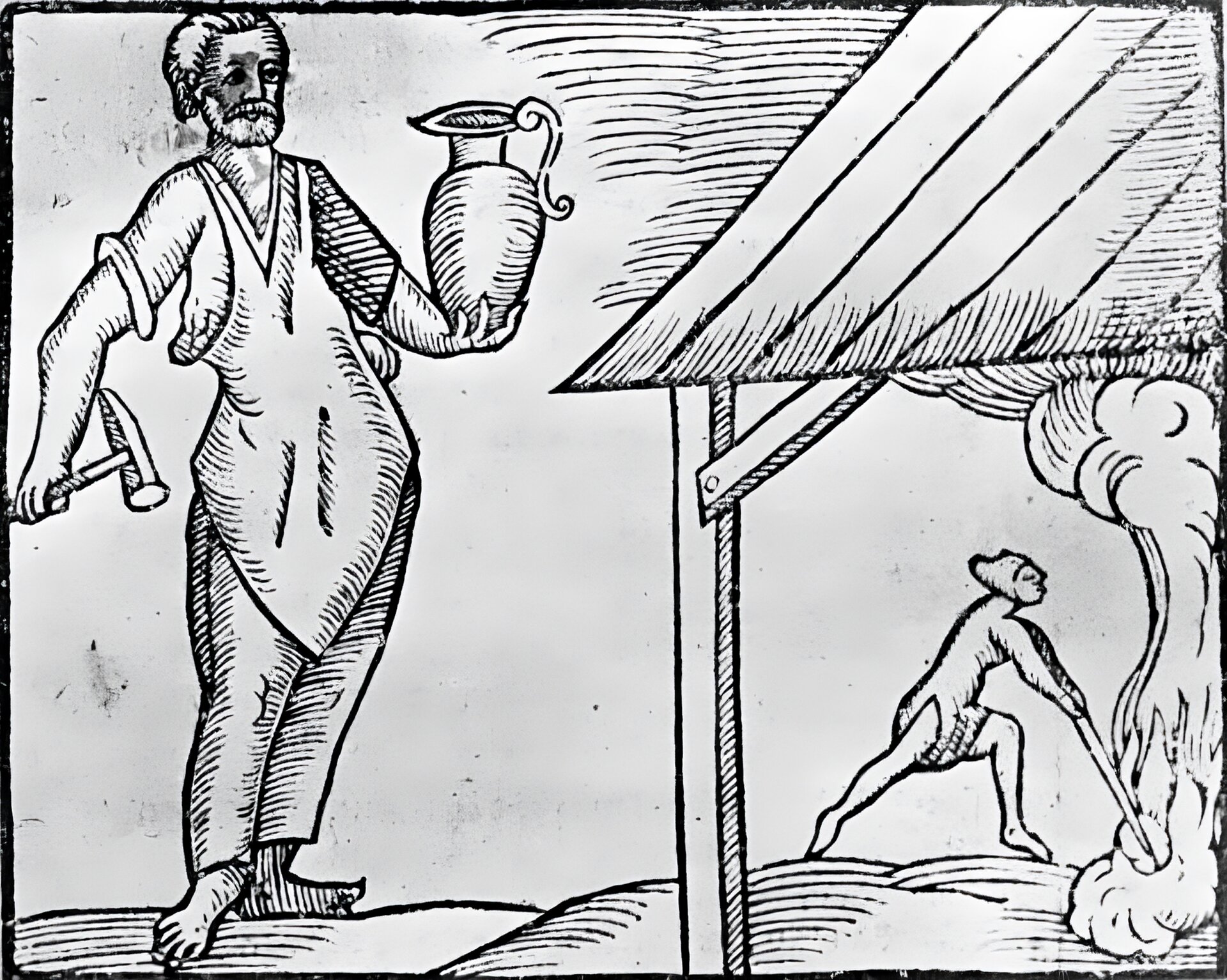 Grafika przedstawia sylwetkę rzemieślnika z fartuchem na piersi, trzymającego w prawej dłoni młotek, w lewej dzban. Mężczyzna jest bosy, nosi włosy zaczesane do tyłu i brodę. Po prawej stronie fragment dachu warsztatu i ukazany w głębi mężczyzna pracujący w kuźni, przed którym bucha obłok pary. Mężczyzna trzyma coś w ogniu.