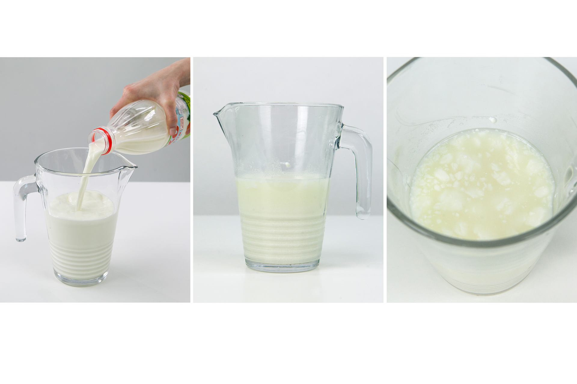 Ilustracja przedstawia trzy fotografie, pokazujące kolejno: wlewanie mleka z plastikowej butelki do dzbanka, mleko w dzbanku i efekt przekształcenia się mleka w kwas mlekowy.