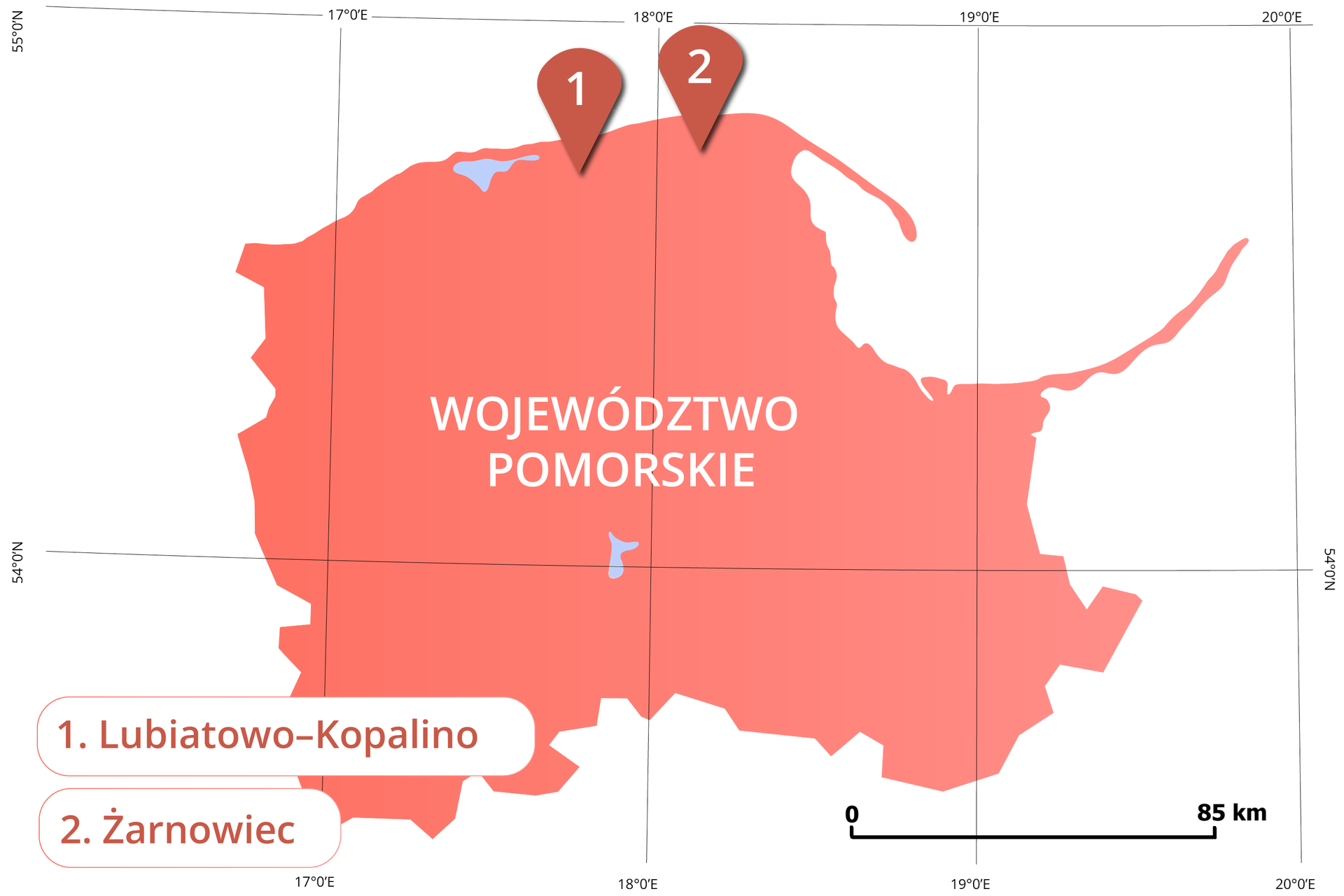 Grafika przedstawia mapę województwa pomorskiego w kolorze łososiowym, na której przedstawiono rozważne miejsca budowy elektrowni jądrowej w Polsce. Na mapę naniesiona jest siatka równoleżników co jeden stopień oraz południków, również o jeden stopień. Na mapie zaznaczono dwa punkty, cyferką jeden i dwa. Oznaczenie numerem jeden wskazuję miasto Lubiatowo‑Kopalino, a oznaczenie numerem dwa wskazuję miasto Żarnowiec. Podpisy do tych punktów mieszczą się w lewym dolnym rogu.