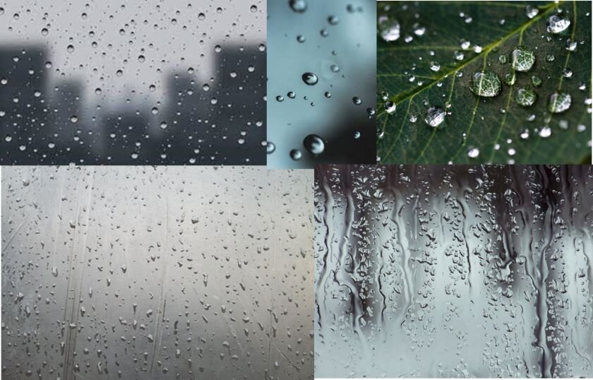 Zdjęcie tworzy pięć prostokątnych fotografii o różnej wielkości. Cztery z nich przedstawiają krople deszczu na szybie, jedna przedstawia krople deszczu na liściu. Krople na trzech górnych fotografiach są okrągłe, różnią się tylko wielkością. Natomiast krople na dwóch dolnych fotografiach mają nieregularny kształt, łączą się w smugi wody, spływające w dół szyby.