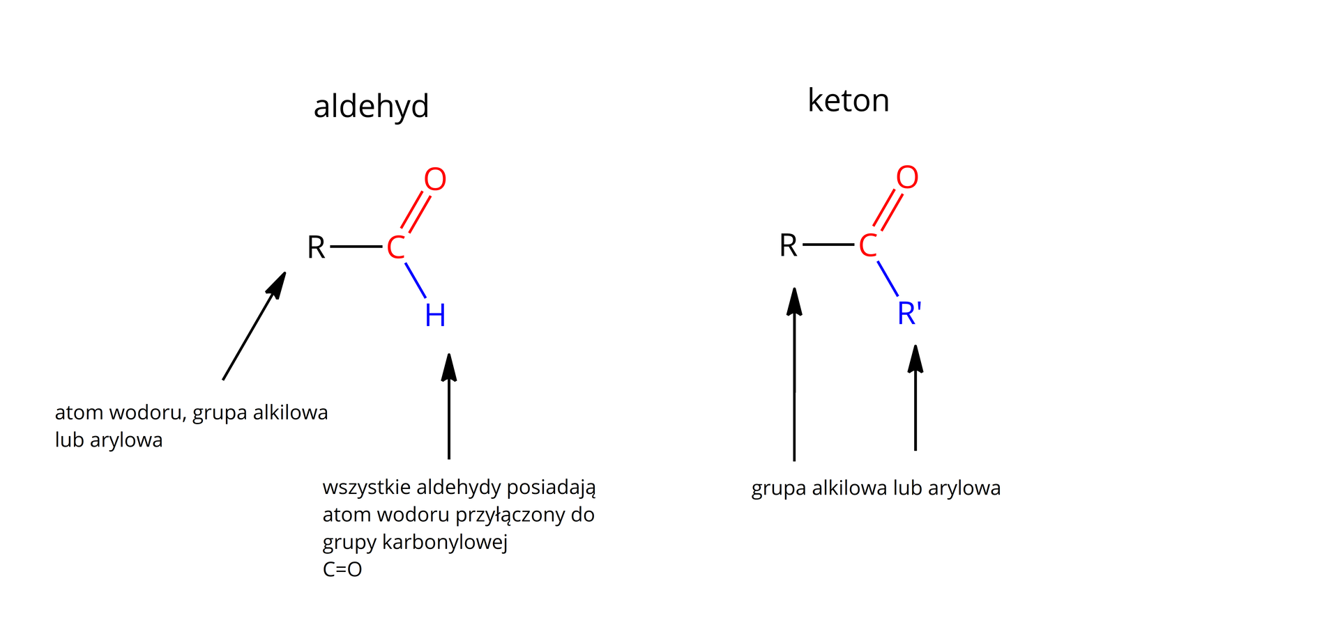 Ilustracja przedstawia dwa wzory strukturalne: aldehydu i ketonu. Wzór aldehydu: R łączy się z prawej strony z atomem węgla. Ten z kolei na górze łączy się wiązaniem podwójnym z atomem tlenu, a na dole z atomem wodoru. R opisano jako atom wodoru, grupa alkilowa lub arylowa. Opis atomu wodoru: wszystkie aldehydy posiadają atom wodoru przyłączony do grupy karbonylowej C wiązanie podwójne O. Wzór ketonu: R łączy się po prawej stronie z atomem węgla. Atom węgla na górze łączy się wiązaniem podwójnym z atomem tlenu, a na dole z R prim. R to grupa alkilowa lub arylowa R prim. 