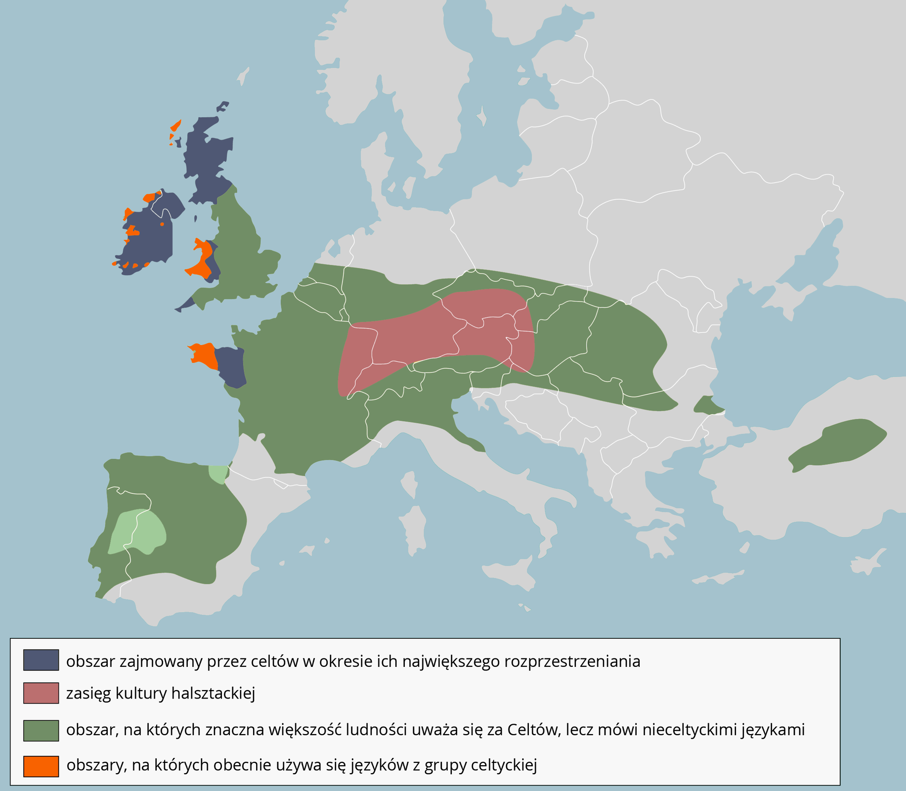 Mapa przedstawia obszary zajmowane przez Celtów na terenach Europy. Obszar zajmowany przez Celtów w okresie ich największego rozprzestrzeniania sięgał od Irlandii, przez Anglię, kraje środkowej i zachodniej Europy, Portugalię i Hiszpanię. Zasięg kultury halsztackiej obejmował tereny dzisiejszej Francji, Niemiec, Austrii, Czech, Słowacji, środkowej części Turcji i Węgier. Na mapie oznaczono również obszary, na których znaczna część ludności uważała się za Celtów, lecz mówiła nieceltyckim językiem. Są to tereny Irlandii, zachodnio‑północnej Francji i północnej Anglii. Na mapie wskazano również obszary, na których obecnie używa się języków z grupy celtyckiej. Są to tereny zachodniej Anglii, zachodniej Irlandii i zachodnio‑północnego wybrzeża Francji.