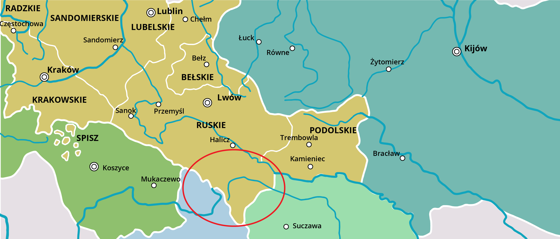 Mapa ilustruje Pokucie na granicach Polski, Ukrainy, Rosji za panowania Zygmunta I Starego.