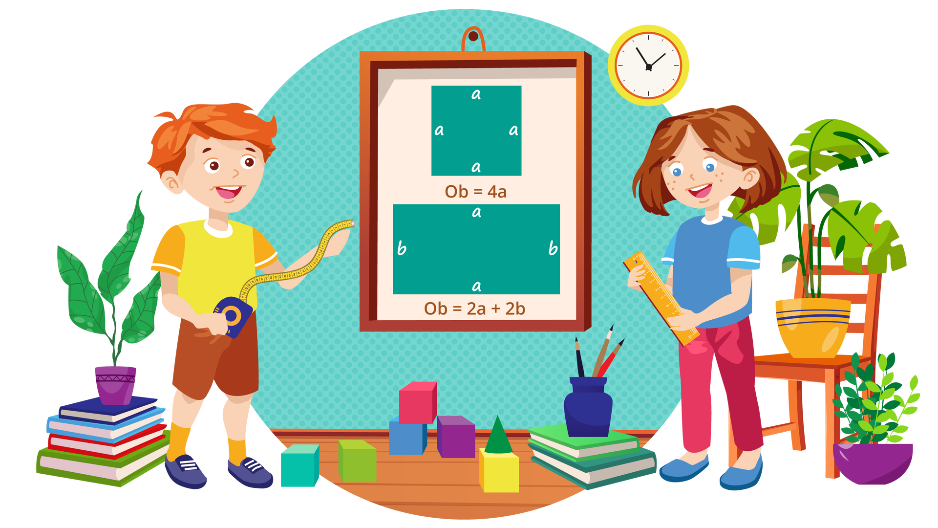 Ilustracja przedstawia pomieszczenie w domu Franka i Mai. W tle widać turkusową ścianę w kropki, na której wisi duży obrazek w brązowej ramie. Obrazek przedstawia dwie turkusowe figury geometryczne. Na górze znajduje się kwadrat. Każdy jego bok jest opisany białą literą „a”. Poniżej znajduje się brązowy napis: „Ob równa się 4a”. Na dole znajduje się prostokąt. Każdy z jego dłuższych boków jest opisany białą literą „a”, a każdy z krótszych białą literą „b”. Na prawo od obrazka wisi okrągły żółty zegar ze wskazówkami. Na drewnianej podłodze znajdują się różne przedmioty. Po lewej stronie są cztery książki ułożone jedna na drugiej. Pierwsza ma granatową okładkę, druga niebieską, trzecia czerwoną, a czwarta zieloną. Na książkach stoi zielona roślina w fioletowej donicy. Po prawej stronie pomieszczenia stoi brązowe krzesło, na którym ustawiono zieloną roślinę w pomarańczowej donicy. Obok krzesła widać kolejną zieloną roślinę, w fioletowej donicy. Na środku pokoju, pod obrazkiem, leży kilka kolorowych klocków o różnych kształtach. Obok są dwie książki ułożone jedna na drugiej. Pierwsza ma zieloną okładkę, a druga ciemnozieloną. Na książkach ustawiono trzy kolorowe pędzle w granatowym pojemniku. Na lewo od obrazka stoi uśmiechnięty Franek. Jest ubrany w żółtą koszulkę z krótkimi pomarańczowymi rękawami, krótkie brązowe spodnie, pomarańczowe skarpety i granatowe buty z białymi sznurówkami. W rękach trzyma częściowo rozwiniętą żółtą miarę automatyczną, której opakowanie jest pomarańczowo‑granatowe. Na prawo od obrazka stoi uśmiechnięta Maja. Jest ubrana w niebieską koszulkę z krótkimi błękitnymi rękawami, długie ciemnoróżowe spodnie i ciemnoniebieskie buty. W rękach trzyma pomarańczową linijkę, na którą spogląda.