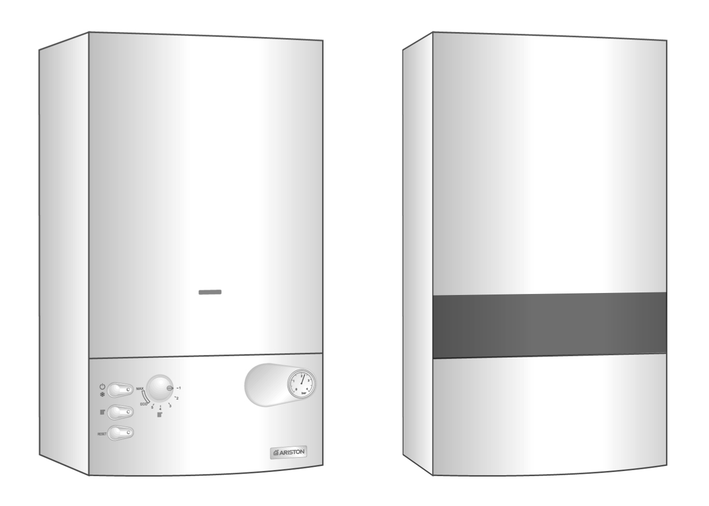 Na zdjęciu ukazano dwa kotły gazowe. Po lewej stronie – wiszący kocioł jednofunkcyjny, po prawej – wiszący kocioł dwufunkcyjny, ich wymiary to około 90 na 60 na 40 cm przy mocy rzędu 25 kilowatów. Kotły mają postać prostopadłościanów. Kocioł wielofunkcyjny znajdujący się po lewej stronie w dolnej części posiada pokrętła i przyciski.