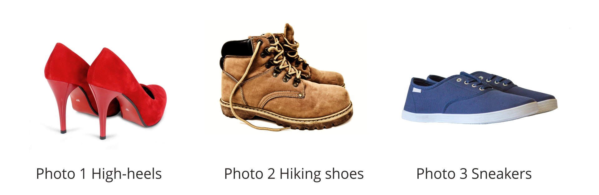 Zdjęcie przedstawia trzy pary butów: Od lewej: buty damskie na wysokim obcasie - Photo 1 High-heels, buty turystyczne za kostkę - Photo 2 Hiking shoes, tenisówki - Photo 3 Sneakres.