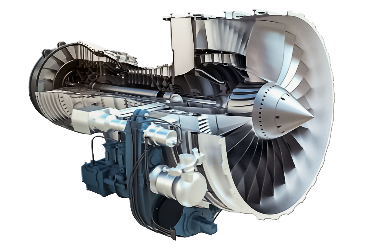 Ilustracja przedstawia silnik turbowentylatorowy. Silnik ten ma w przedniej części dużą okrągłą dyszę wyposażoną w łopatki, która pobiera powietrze do silnika. Dalsze części mają już znacznie mniejszy promień aż do końca gdzie jest ujście gazów wylotowych o również nieco większej średnicy od środkowej części silnika.