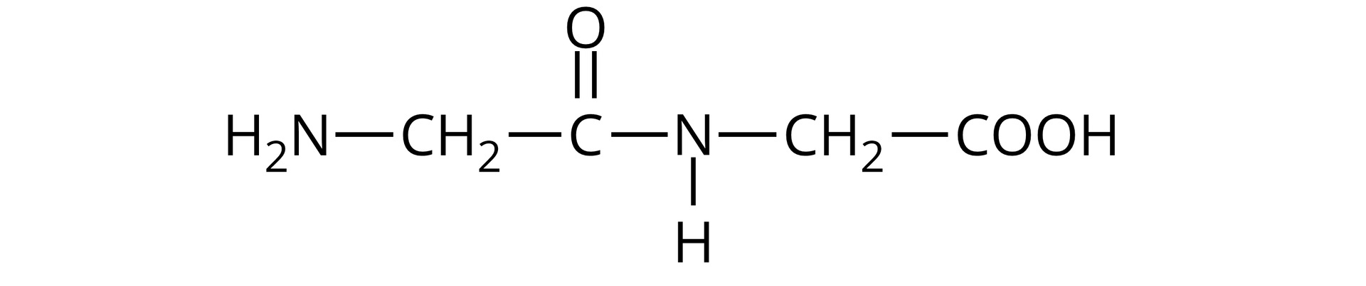 Ilustracja przedstawiająca wzór cząsteczki glicyloglicyny zbudowanej z grupy NH2 połączonej z grupą metylenową CH2 związaną z atomem węgla wchodzącym w skład wiązania peptydowego i połączonym za pomocą wiązania podwójnego z atomem tlenu oraz za pomocą wiązania pojedynczego z atomem azotu podstawionym atomem wodoru oraz grupą metylenową CH2 połączoną z grupą karboksylową COOH. Po lewej stronie struktury zaznaczono grupę aminową pochodzącą od pierwszej cząsteczki aminokwasu i stanowiącą N‑koniec, po prawej stronie zaznaczono grupę karboksylową pochodzącą od drugiej cząsteczki aminokwasu i stanowiącą C‑koniec peptydu. 