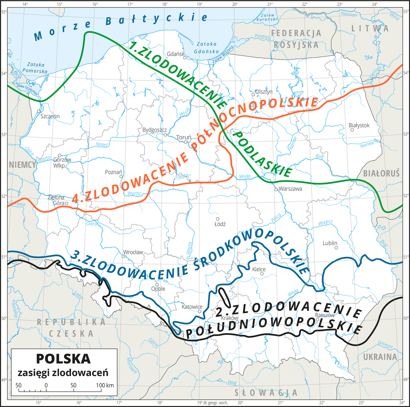 Ilustracja przedstawia konturową mapę Polski z podziałem na województwa. Na mapie przedstawiono granice województw, przedstawiono i opisano hydrografię oraz miasta wojewódzkie. Kolorowymi liniami przedstawiono zasięg czterech zlodowaceń. Jeden – zlodowacenie podlaskie – zielona linia biegnie z północnego zachodu na środkowy wschód.Dwa – zlodowacenie południowopolskie – czarna linie biegnie równoleżnikowo na południu Polski wzdłuż Przedgórza Sudeckiego i Pogórza Karpackiego.Trzy – zlodowacenie środkowopolskie – niebieska linia biegnie z zachodu na wschód najpierw wzdłuż Przedgórza Sudeckiego, następnie skręca na północ ponad Kielce, potem kieruje się na południe ku ujściu Sanu do Wisły i potem kieruje się na wschód.Cztery – zlodowacenie północnopolskie – czerwona linia biegnie z okolic Zielonej Góry z zachodu na wschód, na wysokości Niziny Mazowieckiej kierując się ku północy.Dookoła mapy w białej ramce opisano współrzędne geograficzne co jeden stopień.