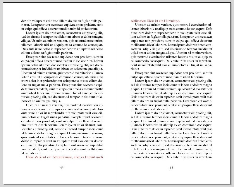 Grafika przedstawia przykładowy tekst z książki w języku niemieckim, na którym zaznaczone są na czerwono błędy w składzie tekstu. U dołu po lewej stronie tekstu zaznaczony jest szewc, czyli pierwszy wiersz akapitu pozostawiony na poprzednim łamie lub kolumnie, natomiast u góry po prawej stronie pokazany jest bękart, czyli końcowy wiersz akapitu, który został przeniesiony do następnego łamu lub kolumny.