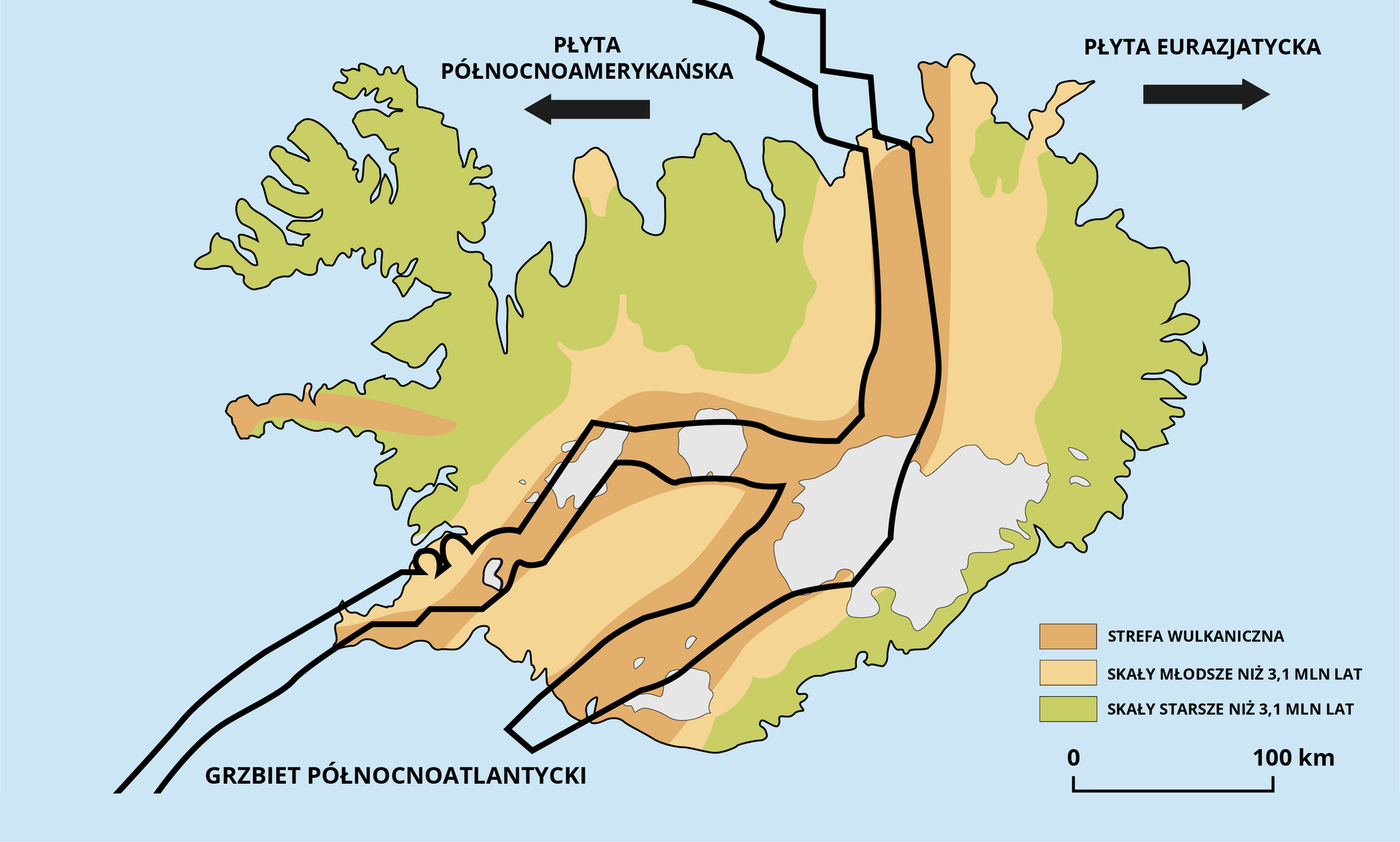 Grafika przedstawia spreading na Islandii. Przez jej środek przebiega granica płyt z grzbietem północnoatlantyckim. Płyta północnoamerykańska porusza się w lewo a euroazjatycka w prawo. Na ich styku znajduje się strefa wulkaniczna. Dalej skały młodsze niż 3,1 miliona lat a przy brzegach skały starsze niż 3,1 miliona lat.