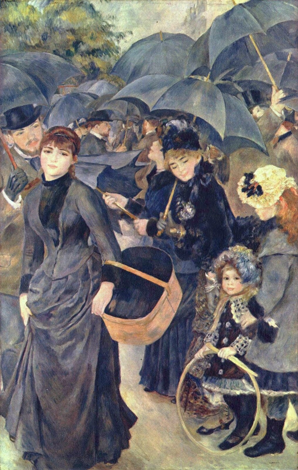 Ilustracja o kształcie pionowego prostokąta przedstawia obraz Auguste Renoira „Parasolki”. Obraz ten łączy z prawej strony sposób malowania impresjonistyczny (suknie, twarze, kapelusze, dziewczynka) z nowym, cierpkim stylem bądź inaczej zwanym ingresowskim widocznym wyraźnie w postaci kobiety z lewej strony obrazu. Kolory stają się bardziej subtelne, a kompozycja bardziej wyważona i przemyślana.