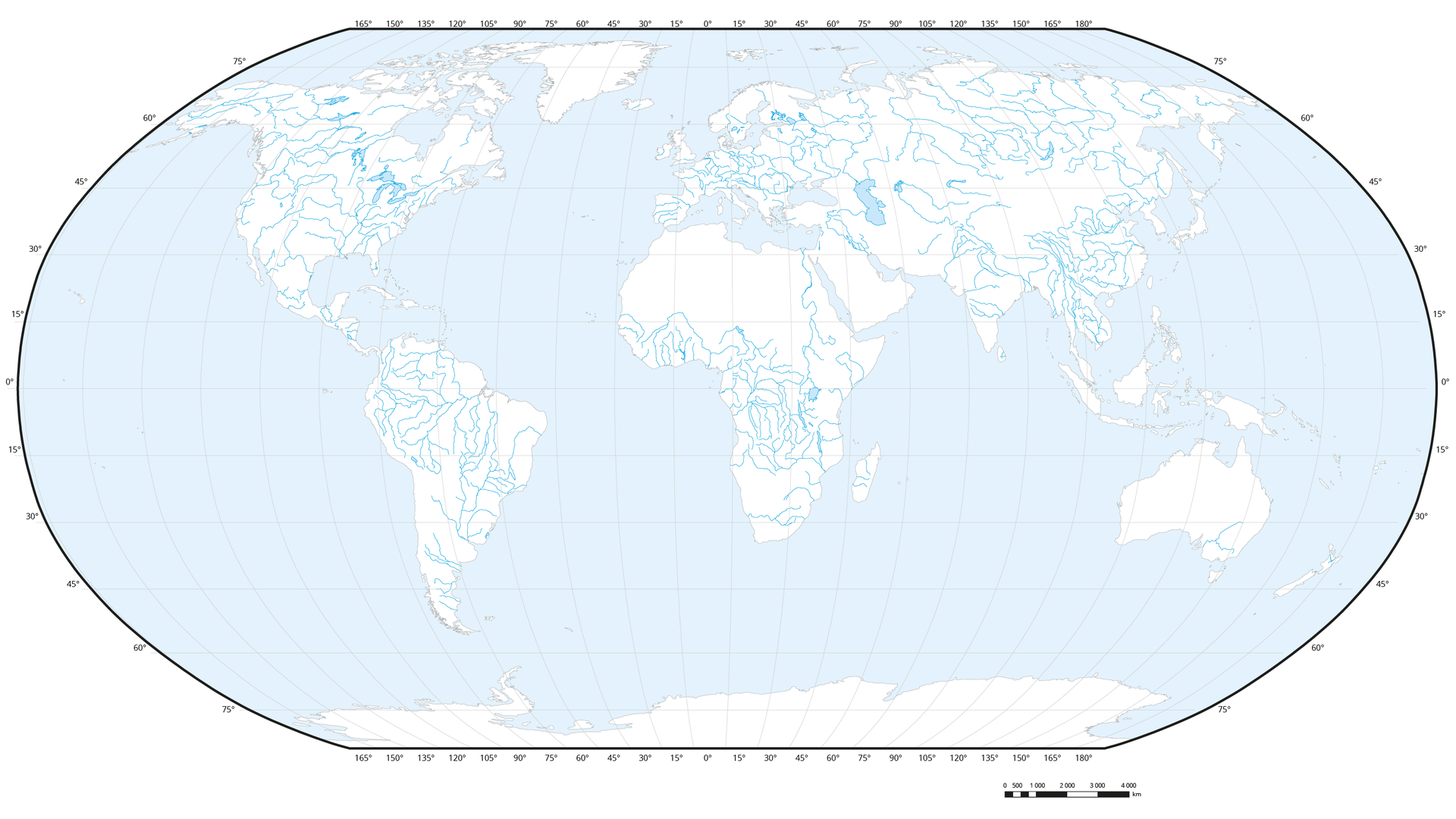 Mapa przedstawia rozmieszczenie systemów rzecznych na świecie. Kolorem białym zaznaczone są kontynenty, jasnoniebieskim morza i oceany, a ciemnoniebieskimi liniami oznaczono rzeki. Są one umiejscowione w dużej ilości w Eurazji, Ameryce Północnej i Południowej oraz w środkowej Afryce. Bardzo mało rzek znajduje się na obszarze Australii i Oceanii, a nie ma ich wcale na Antarktydzie i Arktyce.