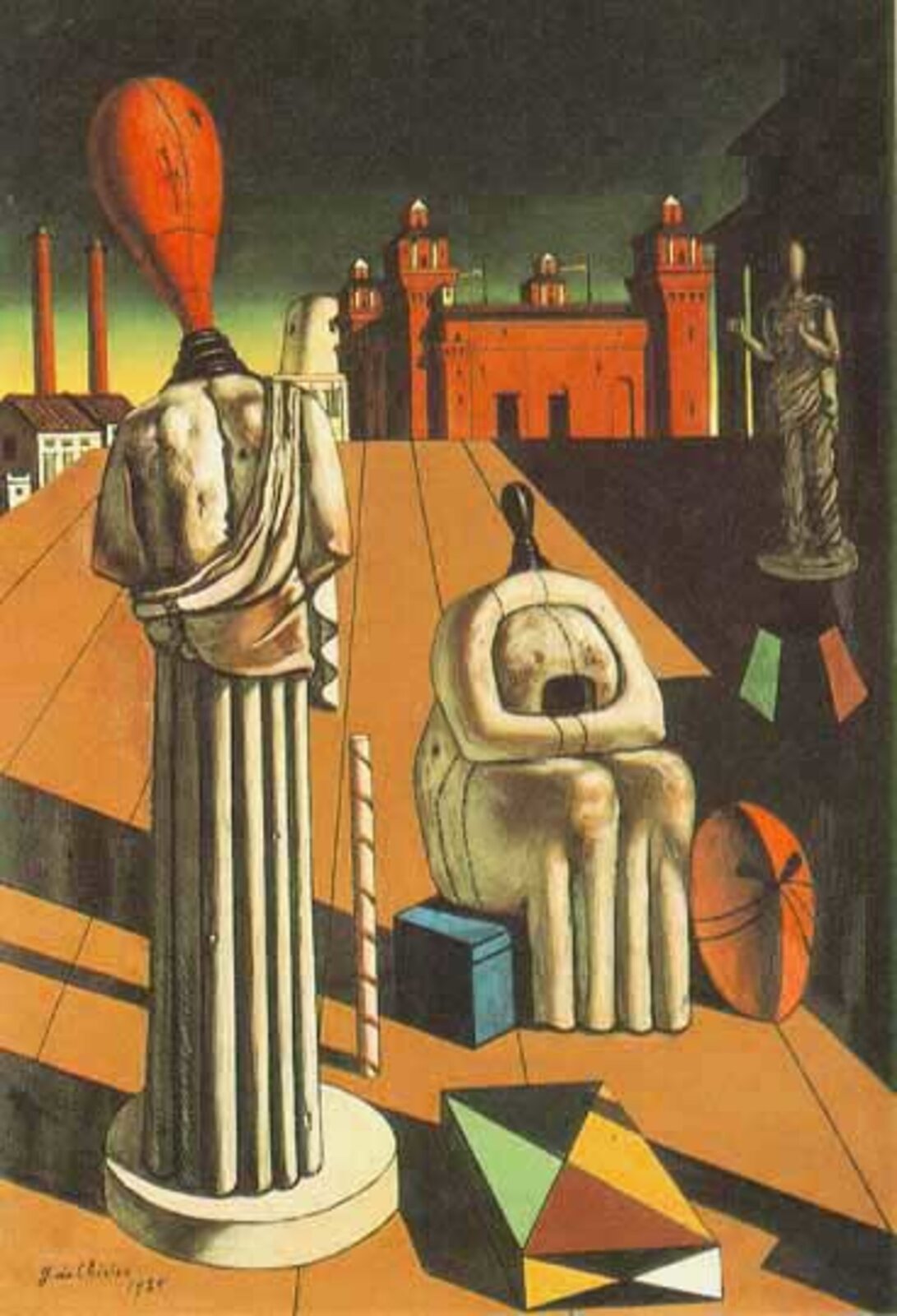 Dzieło autorstwa Giorgio Chirico. Przedstawia trzy postaci, które wyglądają jak połączenie rzeźb greckich z manekinami. W tle znajduje się miasto. 