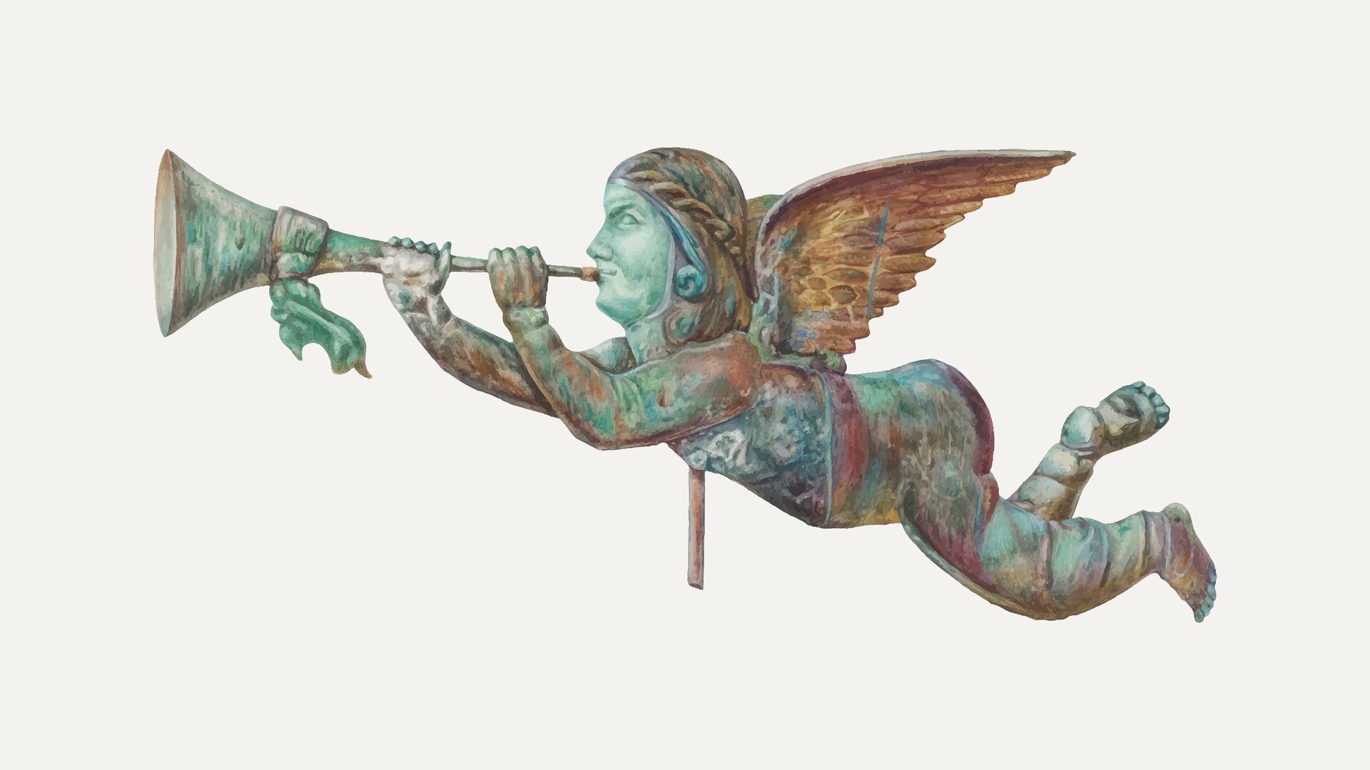 Zdjęcie przedstawia model detalu architektonicznego wykonany z metalu. Model jest w kształcie cherubina, który dmie w podłużną trąbkę.