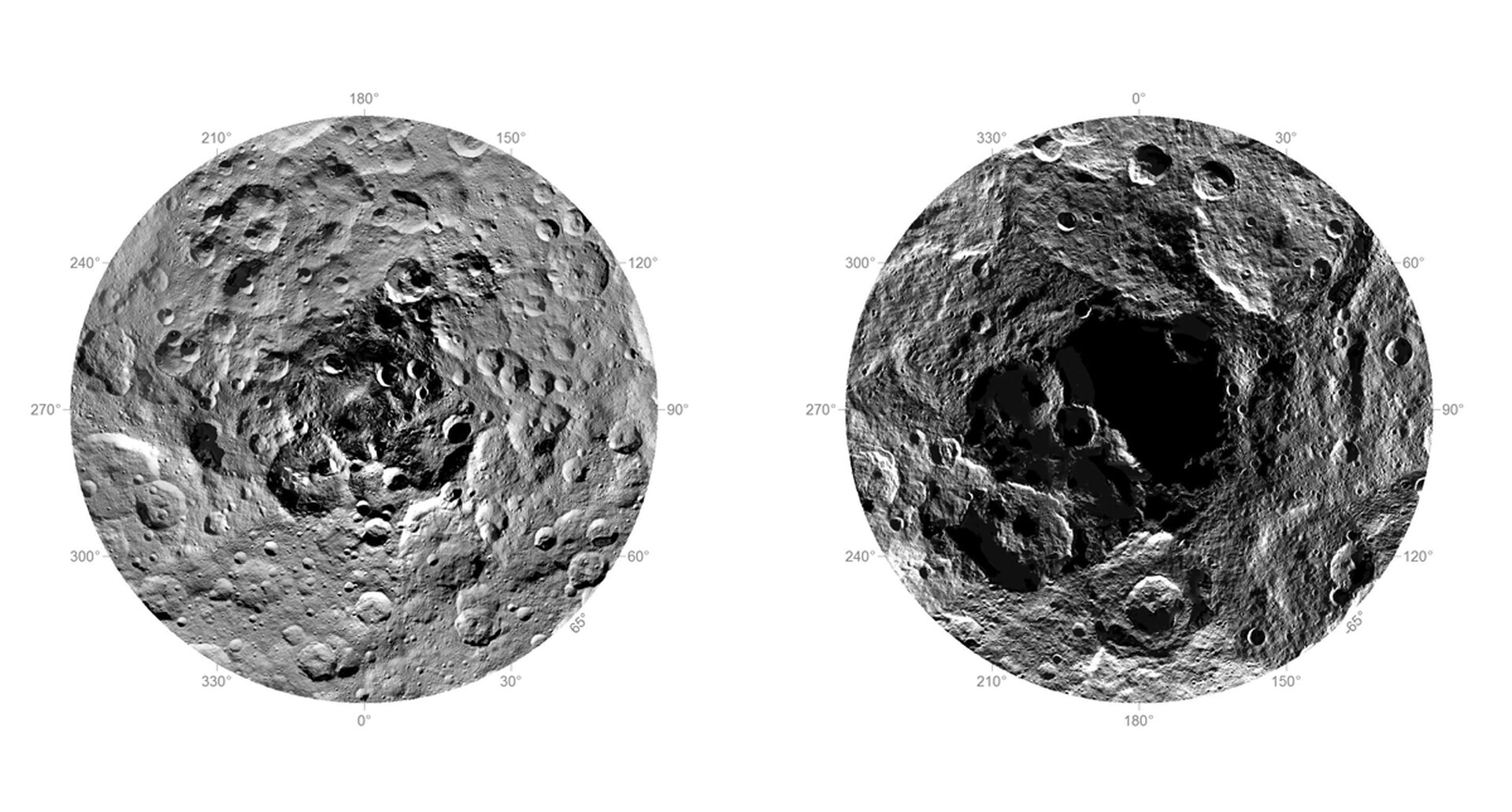 Rys. 4. Zdjęcie poglądowe przedstawia bieguny Ceres: północny (po lewej) i południowy (po prawej). Biegun południowy jest bardzo zaciemniony, powierzchnia jest nieregularna, różnej głębokości. Widocznych jest wiele kraterów. Biegun północny jest nieco łagodniejszy, bardziej oświetlony, pokazuje płytsze zagłębienia w dużej liczbie. Różnice w kształcie i budowie kraterów na obu biegunach są znaczące. Z uwagi na nierównomierny dostęp do światła słonecznego na biegunach, naukowcy chcą zbadać obecność lodu powierzchniowego.