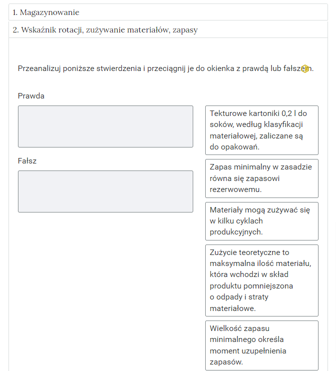 Widok na przykładowe ćwiczenie polegające na grupowaniu elementów