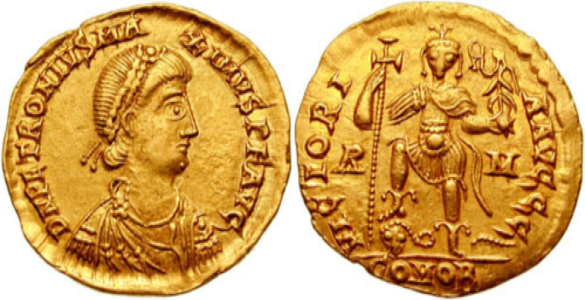 Zdjęcie przedstawia dwie złote monety. Na awersie monety, znajdującej się po lewej stronie, sylwetka rzymskiego mężczyzny z profilu, z zapinką na włosach. Oko ukazane nienaturalnie od frontu. Dookoła sylwetki w otoku napis po łacinie. Na rewersie, znajdującym się po prawej stronie, sylwetka wojownika z nienaturalną ludzką twarzą, trzymającego prawą nogę na czaszce. W lewej ręce trzyma berło, w prawej zaś krzyż na długim drzewcu. Na głowie postać nosi koronę. W otoku napis po łacinie. 