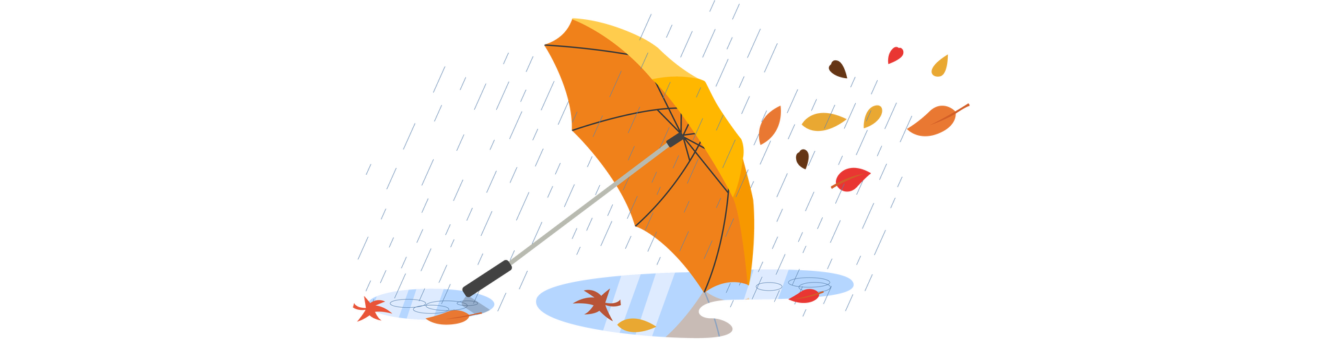 Ilustracja przedstawia rozłożony pomarańczowy parasol leżący w kałuży. Dookoła parasola leżą lub unoszą się w powietrzu liście w jesiennych barwach, pada deszcz.