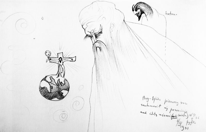 Rysunek przedstawia starszego mężczyznę z długą brodą. Jest podpisany jako Bóg Ojciec. Spogląda na kulę ziemską. Na kuli ziemskiej stoi krzyż z przybitym do niego człowiekiem. Za starszym mężczyzną znajduje się istota ze spiczastą brodą i rogami na głowie. Jest podpisana jako Szatan. 