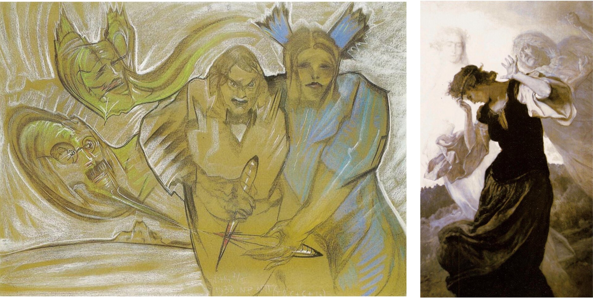 Ilustracja przedstawia dwa obrazy. Na obrazie po lewej są dwie postaci. Jedna po lewej ma strój z zawiązaną muchą, ma złowieszczą minę i trzyma w lewej ręce sztylet. Blisko postaci znajduje się druga po prawej — ma półdługie włosy, za głową skrzydełka i długą suknię. Trzyma w lewej ręce sztylet, który ma przed pierwszą postacią. Po lewej stronie obrazu są dwie twarze unoszące się w powietrzu. Przedstawiają postać z wąsami i okularami oraz postać z wydatnymi ustami i zamkniętymi oczami. Na obrazie dominuje kolor żółty z białymi i niebieskimi smugami. Obraz po prawej przedstawia młodą kobietę w ciemnej, długiej sukni z białymi rękawami. Ma uniesione ręce, przedstawiony jest jej prawy profil twarzy. Ma krótkie włosy i założoną opaską. Za nią unoszą się dwa duchy. Po lewej jest sama twarz ducha, a po prawej duch ma założoną długą suknię. W tle są chmury.