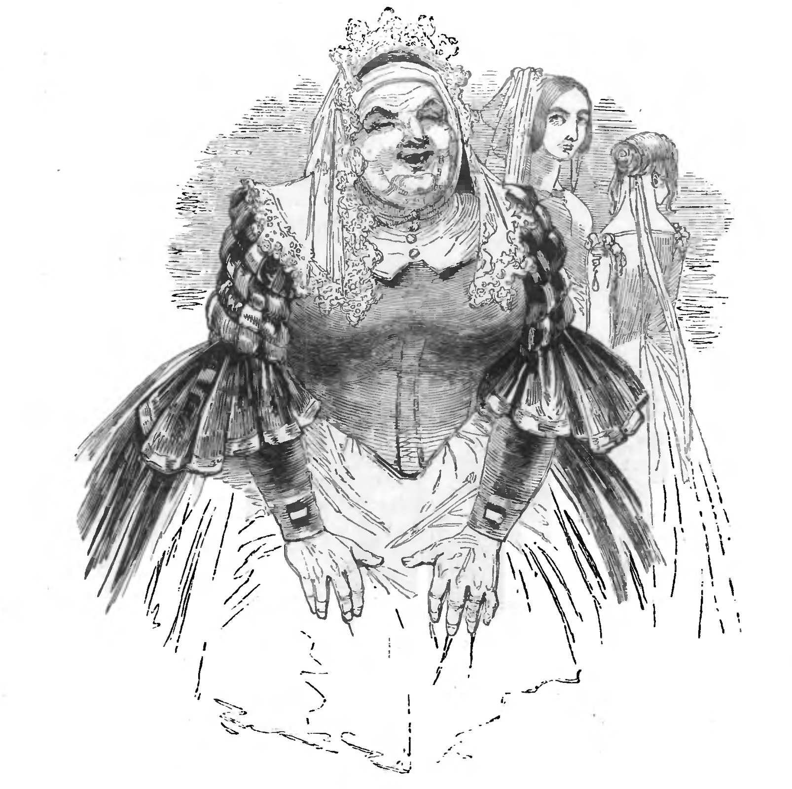 Kliknij, aby powiększyć. Czarno‑biały rysunek przedstawia trzy kobiety. Na pierwszym planie znajduje się starsza, otyła kobieta o krzaczastych brwiach, nalanej twarzy oraz długim i zakrzywionym nosie. Uśmiecha się, ale wyraźnie widać, że nie ma zębów. Jest ubrana w suknię z epoki, na głowie ma założoną haftowaną, koronkową chustę, która wygląda jak welon, opada on swobodnie na ramiona. Obciskająca grubą talię suknia, ozdobiona jest białym kołnierzem zapiętym pod szyją. Rękawy przylegaj do rąk, przy łokciach przyszyte są ozdobne falbany, zdobione w kratę i rozkloszowane. Kobieta opiera dłonie o kolana. Spódnica sukni jest suto marszczona. Za nią, na drugim planie, widoczne są dwie młodsze i szczuplejsze kobiety. Mają upięte w koki włosy, a do nich dopięte zostały długie welony. Noszą długie suknie, odsłaniające ramiona. Jedna z kobiet stoi bokiem, widać tylko jej głowę, druga z nich stoi tyłem.