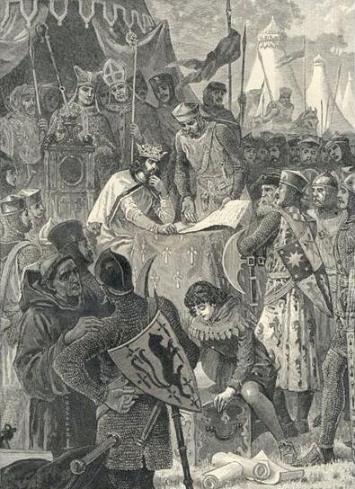 Ilustracja przedstawia mężczyznę (króla Jana III), który siedzi przy stole, ma koronę, brodę, dłuższe włosy, opadające na kark, jedną dłoń na podbródku, druga położona na stole, obok króla stoi możnowładca. widoczne namioty w tym królewski, widoczni duchowni, rycerze, niektórzy z tarczą herbową.