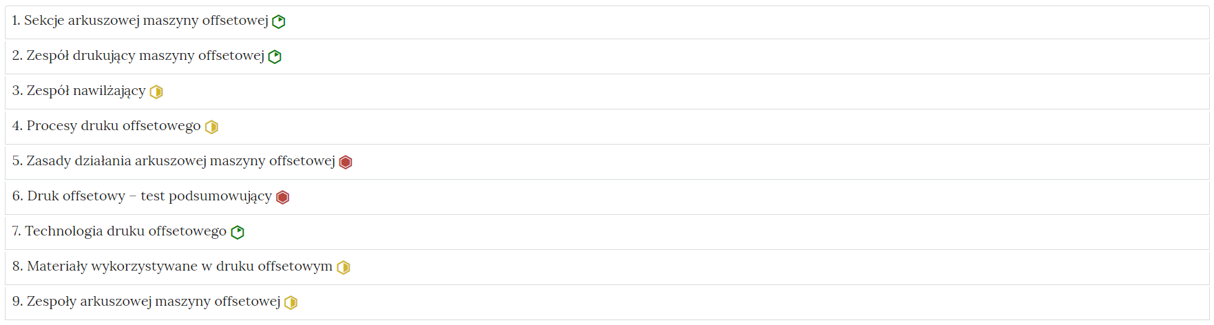 Grafika przedstawia widok interaktywnego materiału sprawdzającego, czyli zbioru poszczególnych zadań w formie listy z nazwami zadań, gdzie po kliknięciu w nazwę zadania pojawi się jego zawartość.