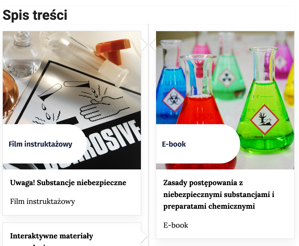 Grafika przedstawia wygląd części spisu treści e‑zasobu. Każdy z elementów spisu treści został przedstawiony w postaci prostokątnego bloku, w którym zawarto informacje o rodzaju i nazwie medium.
