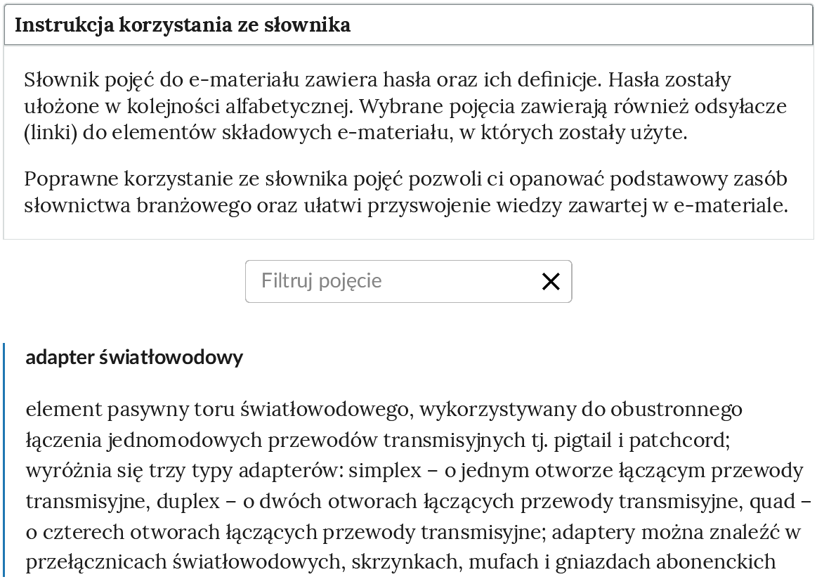 Grafika przedstawia widok na górną część słownika. Na górze znajduje się rozwinięty panel z instrukcją. Niżej widoczne jest pole do filtrowania haseł słownika. Na dole znajduje się hasło wraz z definicją.