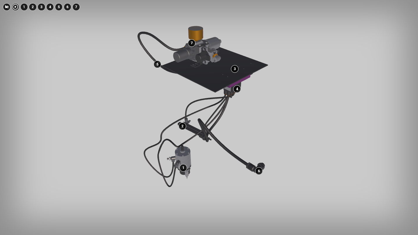 Ilustracja przedstawia przykładowy widok wizualizacji trzy de. Grafika przedstawia model instalacji hydraulicznej z ponumerowanymi znacznikami skrywającymi informacje. W lewym górnym rogu również widoczne są numery znaczników położonych obok siebie. Jest ich siedem. Pierwszy to kółko z białym obramowaniem i czarnym wypełnieniem. W środku widoczny jest symbol przekreślonej kamery. Kolejny przedstawia ikonę odtwarzania filmu. Ikona składa się z trójkąta wpisanego w okrąg. Wierzchołek trójkąta wskazuje w prawo. Pozostałe są ponumerowane od jeden do siedem.