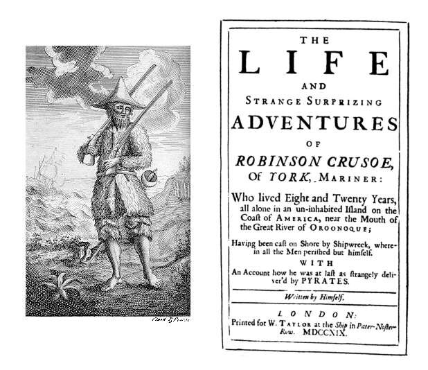 Karta tytułowa pierwszego wydania Przypadków Robinsona Crusoe (a właściwie: Życia i zdumiewających przygód Robinsona Crusoe) z 1719 roku Karta tytułowa pierwszego wydania Przypadków Robinsona Crusoe (a właściwie: Życia i zdumiewających przygód Robinsona Crusoe) z 1719 roku Źródło: domena publiczna.